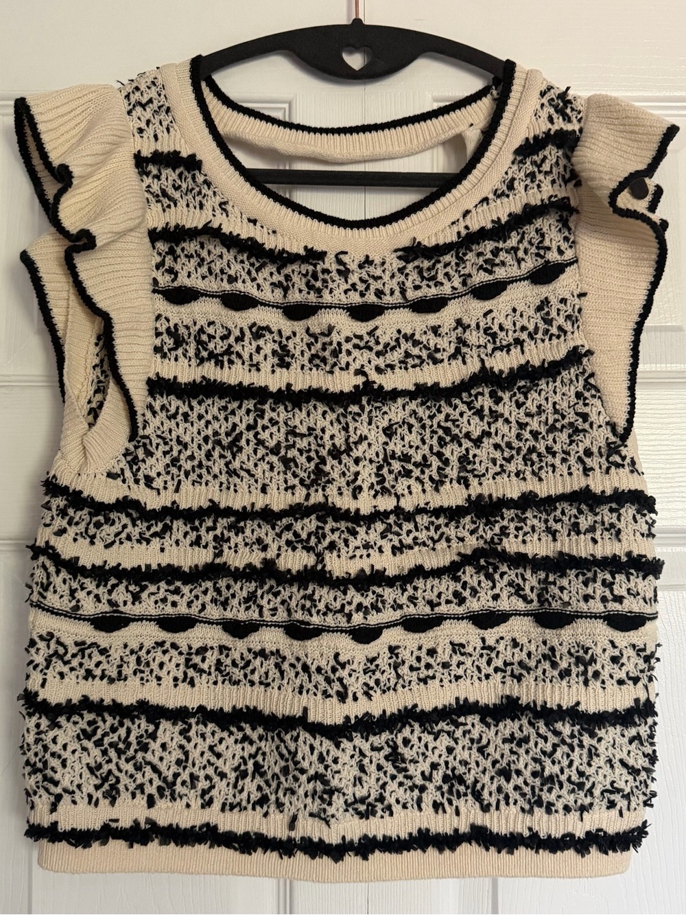 Anthropologie Cream and Navy Ruffle Sleeve Knit Top